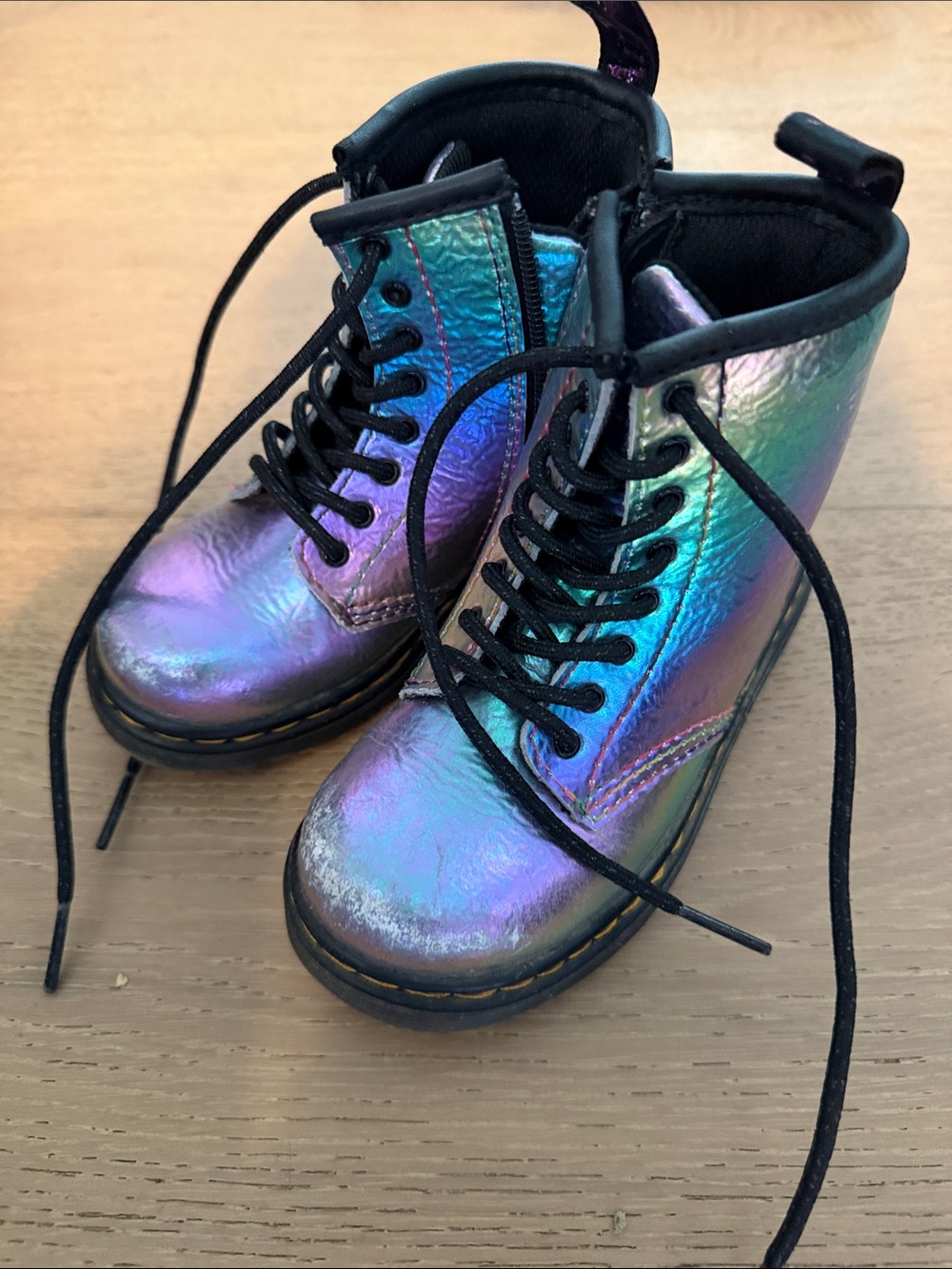 Dr. Martens Kids Holographic Lace-Up Boots in Rainbow Sheen